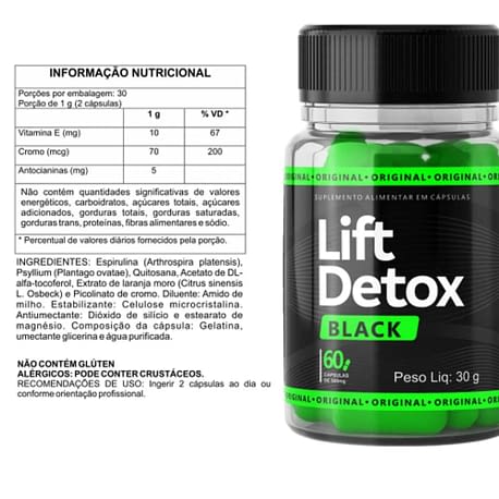 Tabela nutricional do Lift Detox Black - Vitamina E 10mg, Cromo 70mcg, Antocianinas 5mg