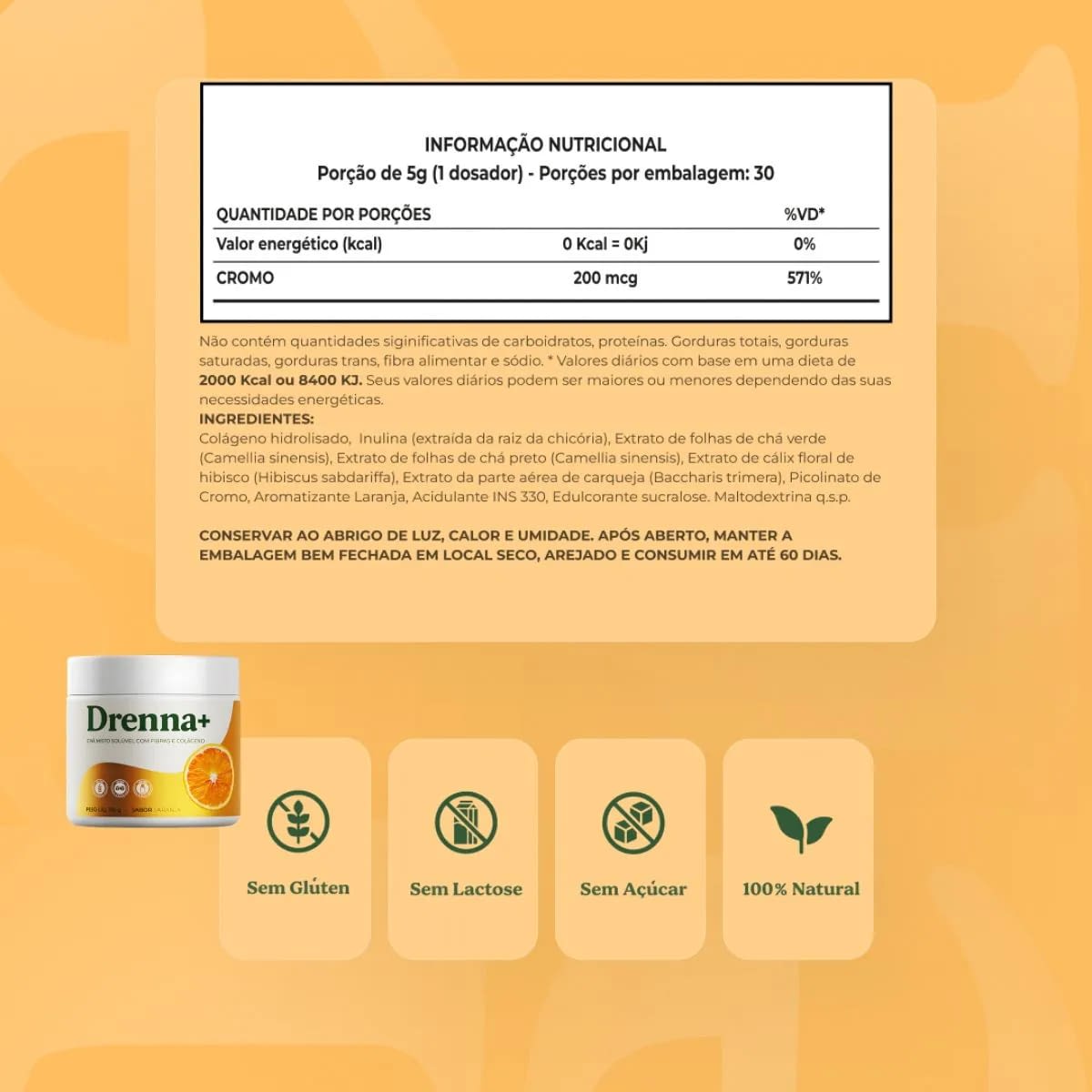 Informação nutricional do Drenna+ - Cromo 200mcg por porção