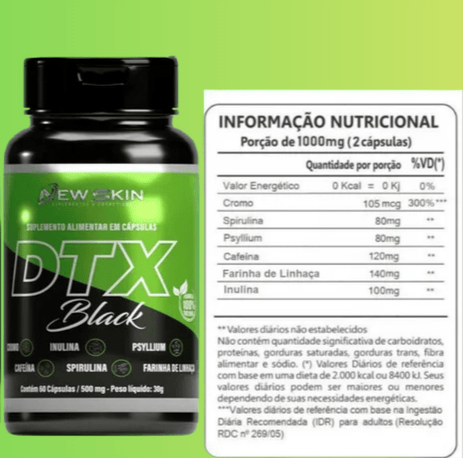 Tabela nutricional do DTX Black - Composição por porção